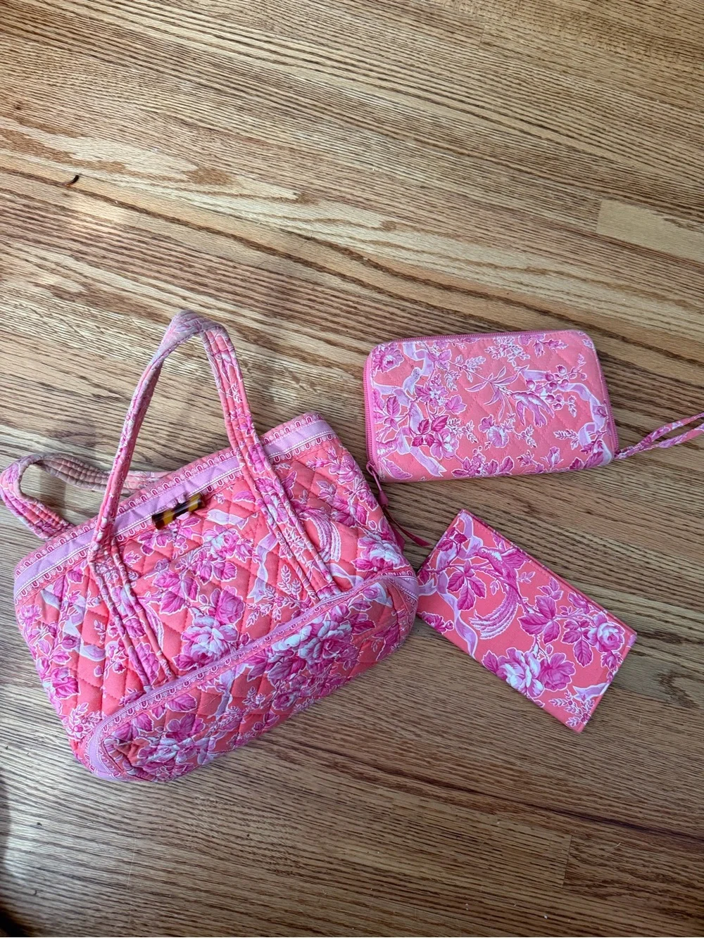 Vera Bradley Coral Pink Quilted Floral Cosmetic Bag with Tortoiseshell Accent